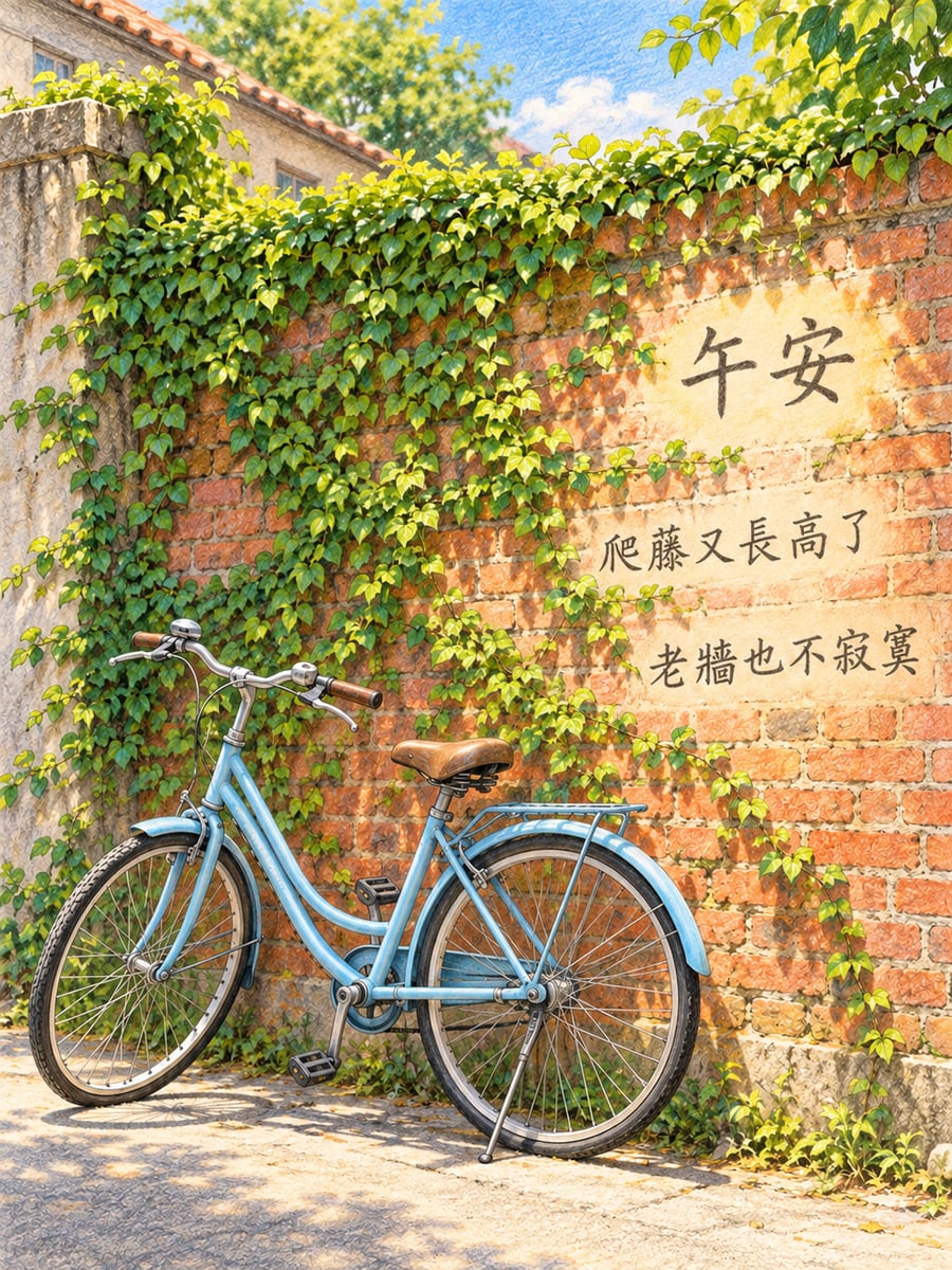 紅磚牆的爬藤。圖中文字：午安，爬藤又長高了，老牆也不寂寞