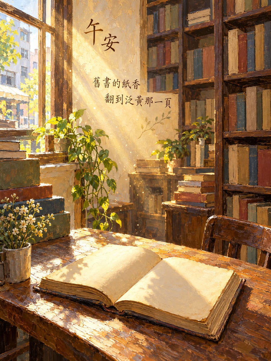 舊書店的光。圖中文字：午安，舊書的紙香，翻到泛黃那一頁