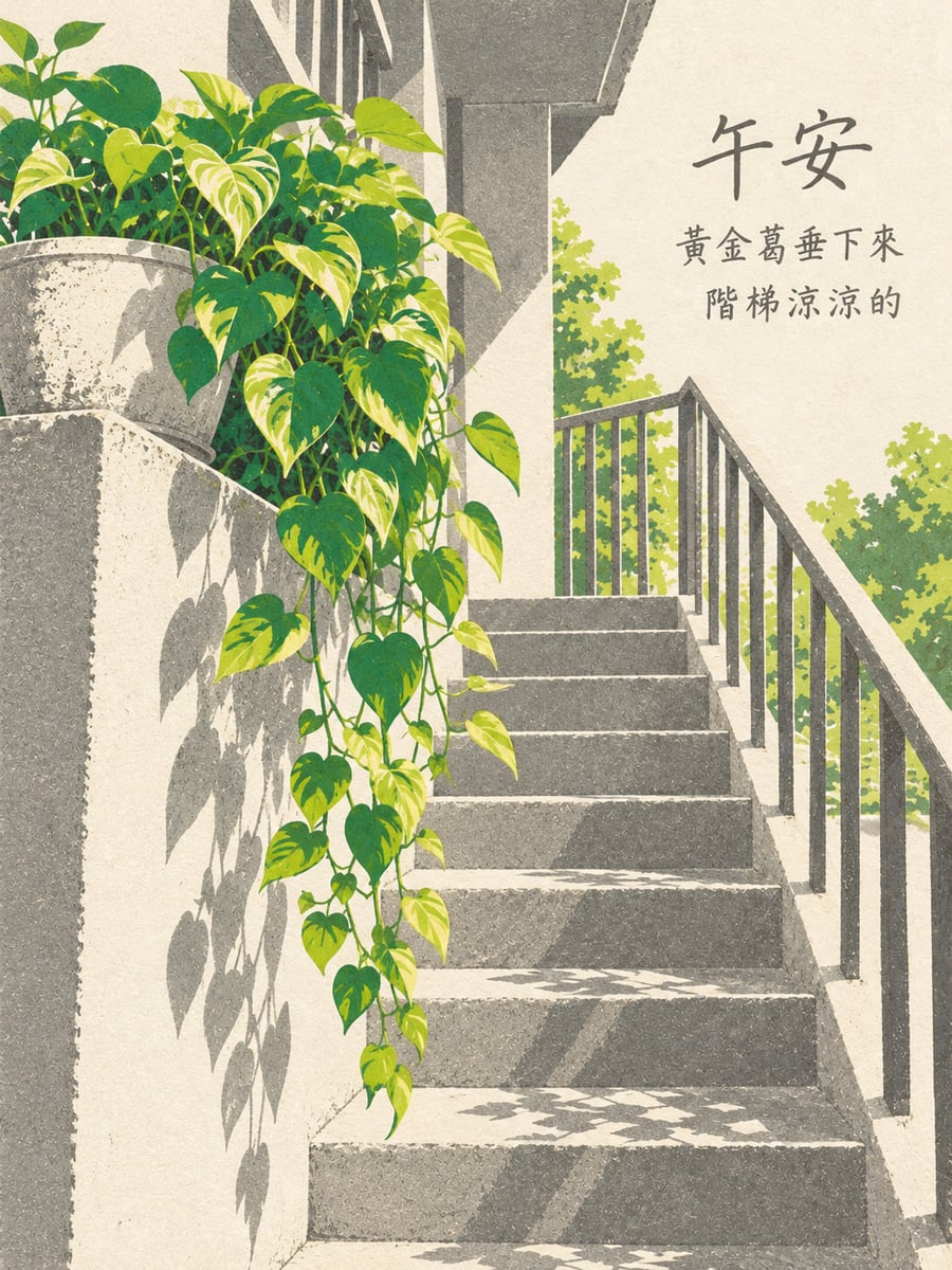 垂下來的黃金葛。圖中文字：午安，黃金葛垂下來，階梯涼涼的