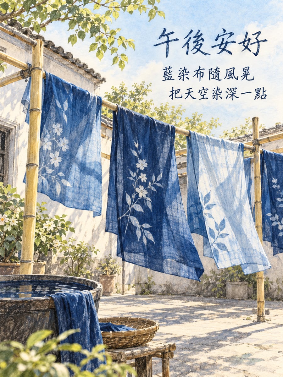 藍染布隨風晃。圖中文字：午後安好，藍染布隨風晃，把天空染深一點