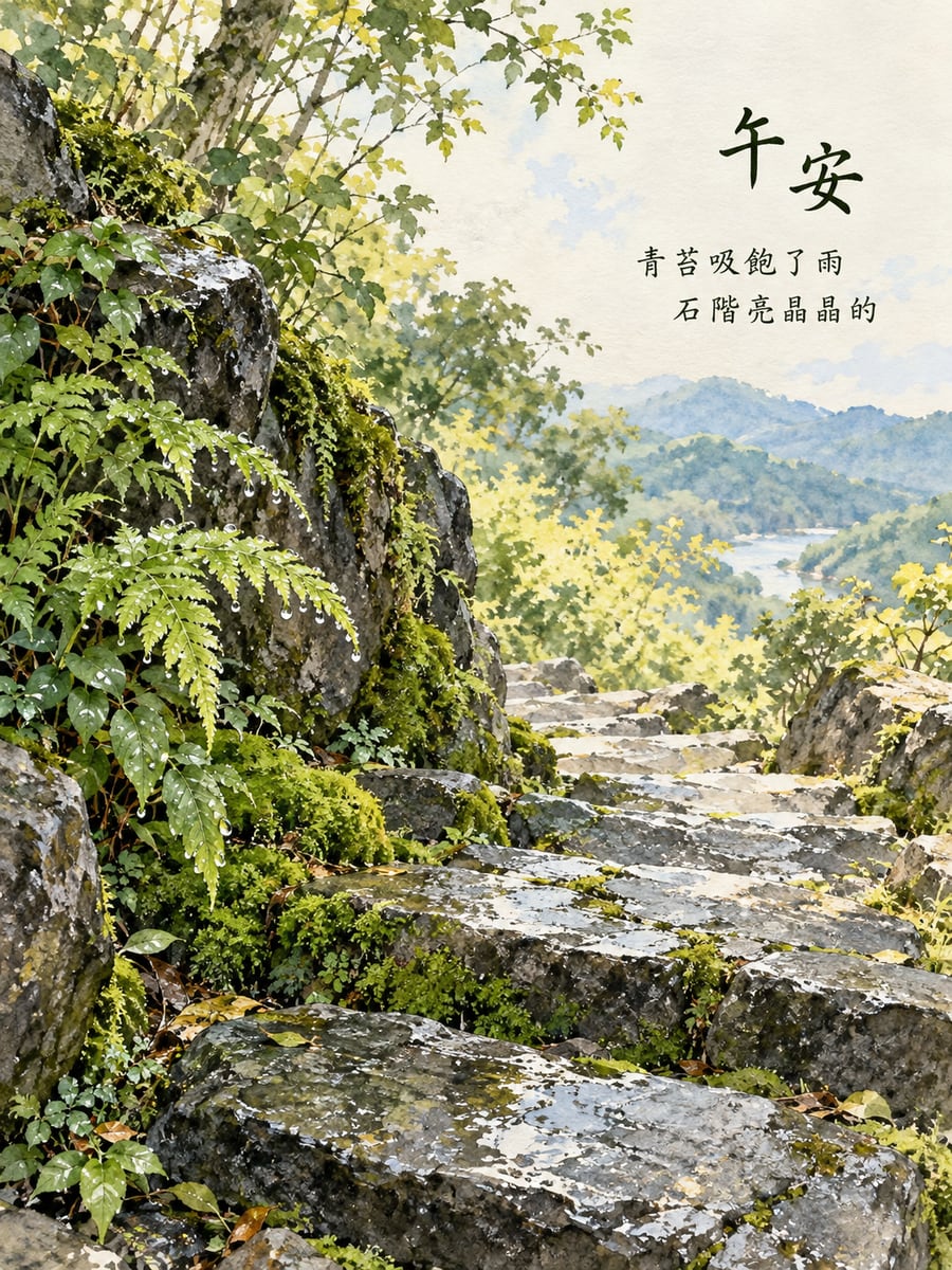 雨後青苔石階。圖中文字：午安，青苔吸飽了雨，石階亮晶晶的