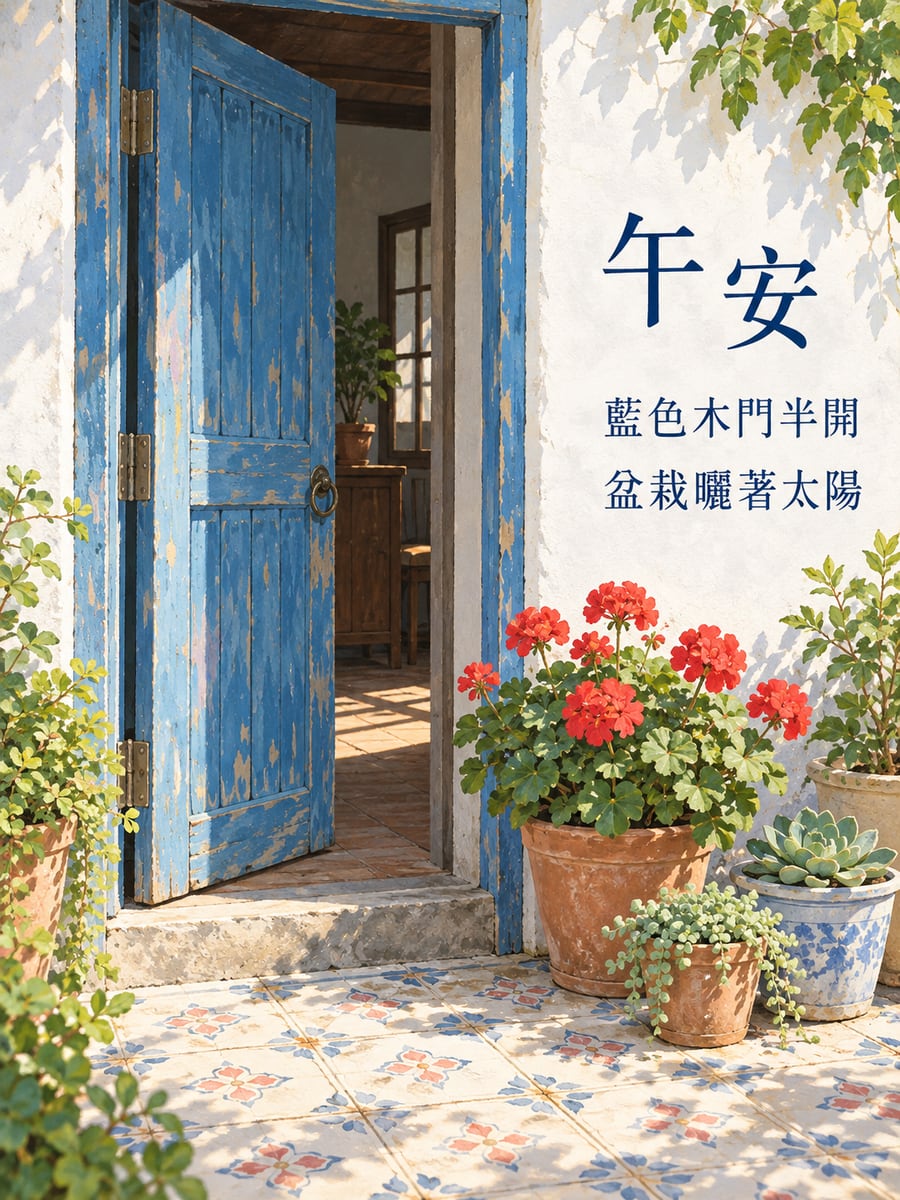藍色木門。圖中文字：午安，藍色木門半開，盆栽曬著太陽