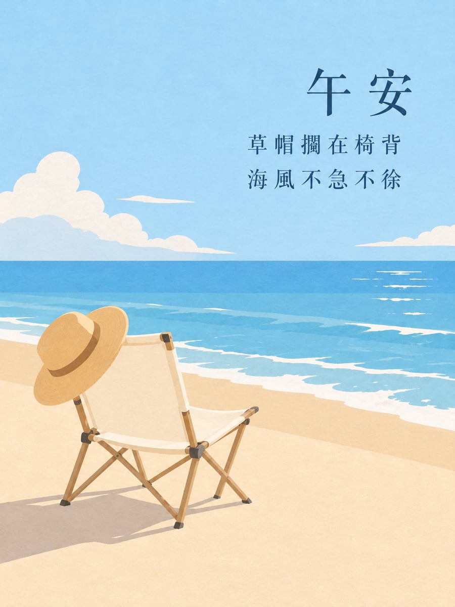 草帽與帆布椅。圖中文字：午安，草帽擱在椅背，海風不急不徐