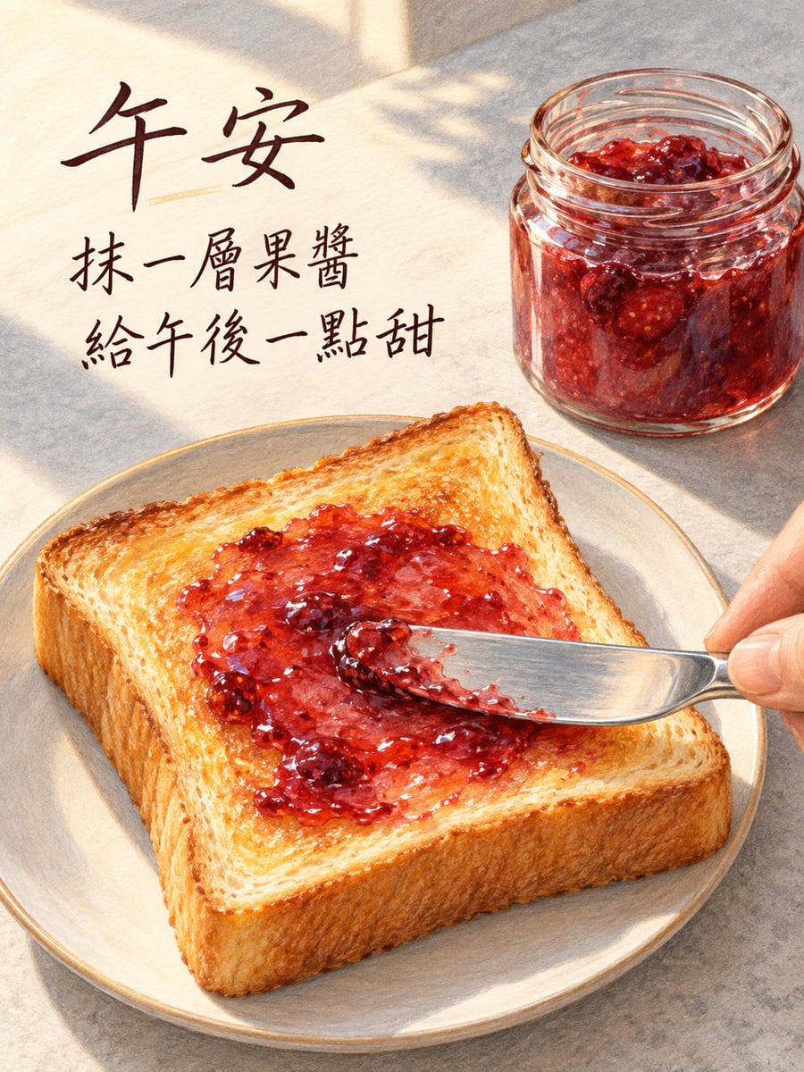 抹一層果醬。圖中文字：午安，抹一層果醬，給午後一點甜