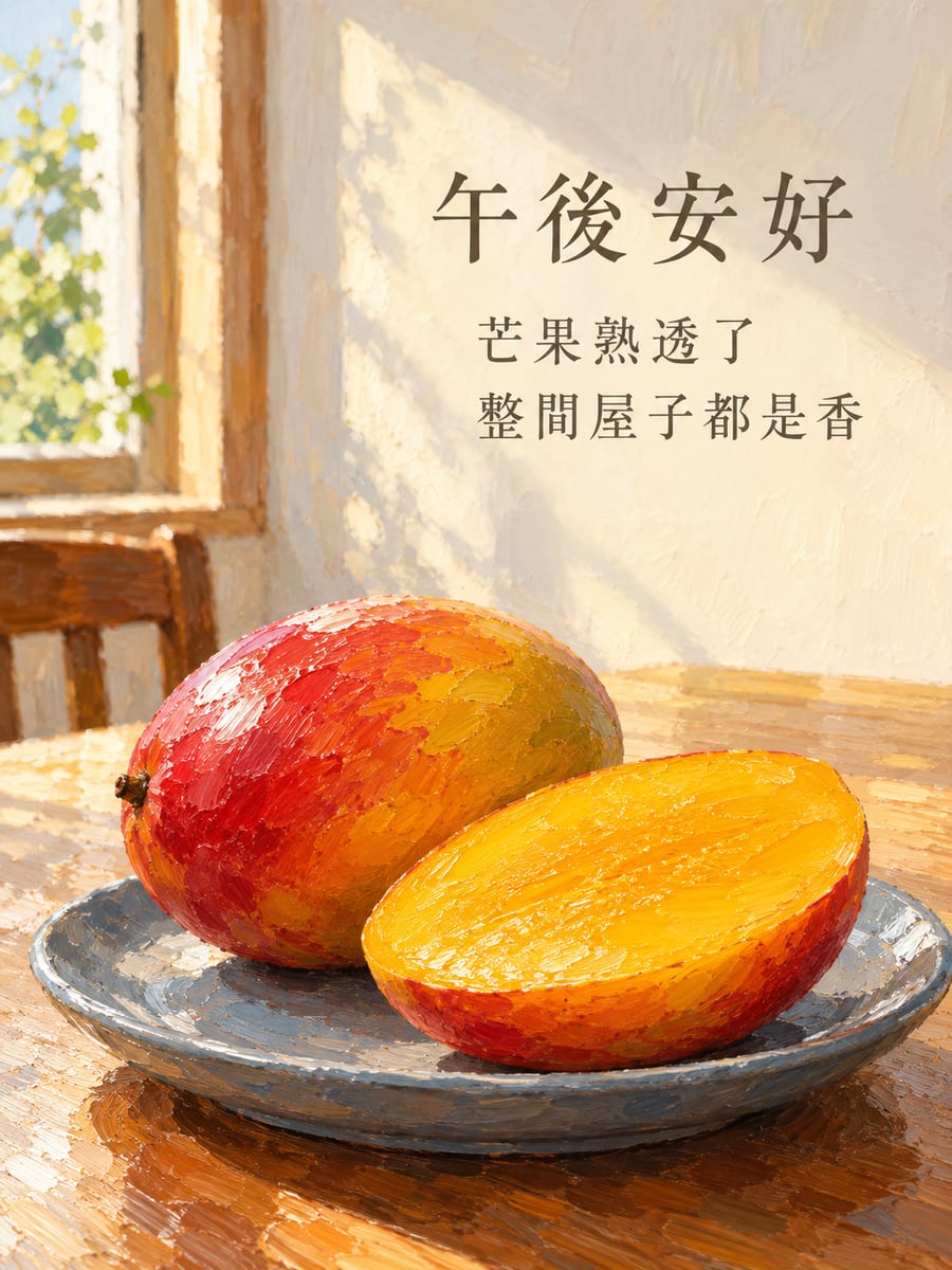 熟透的芒果。圖中文字：午後安好，芒果熟透了，整間屋子都是香