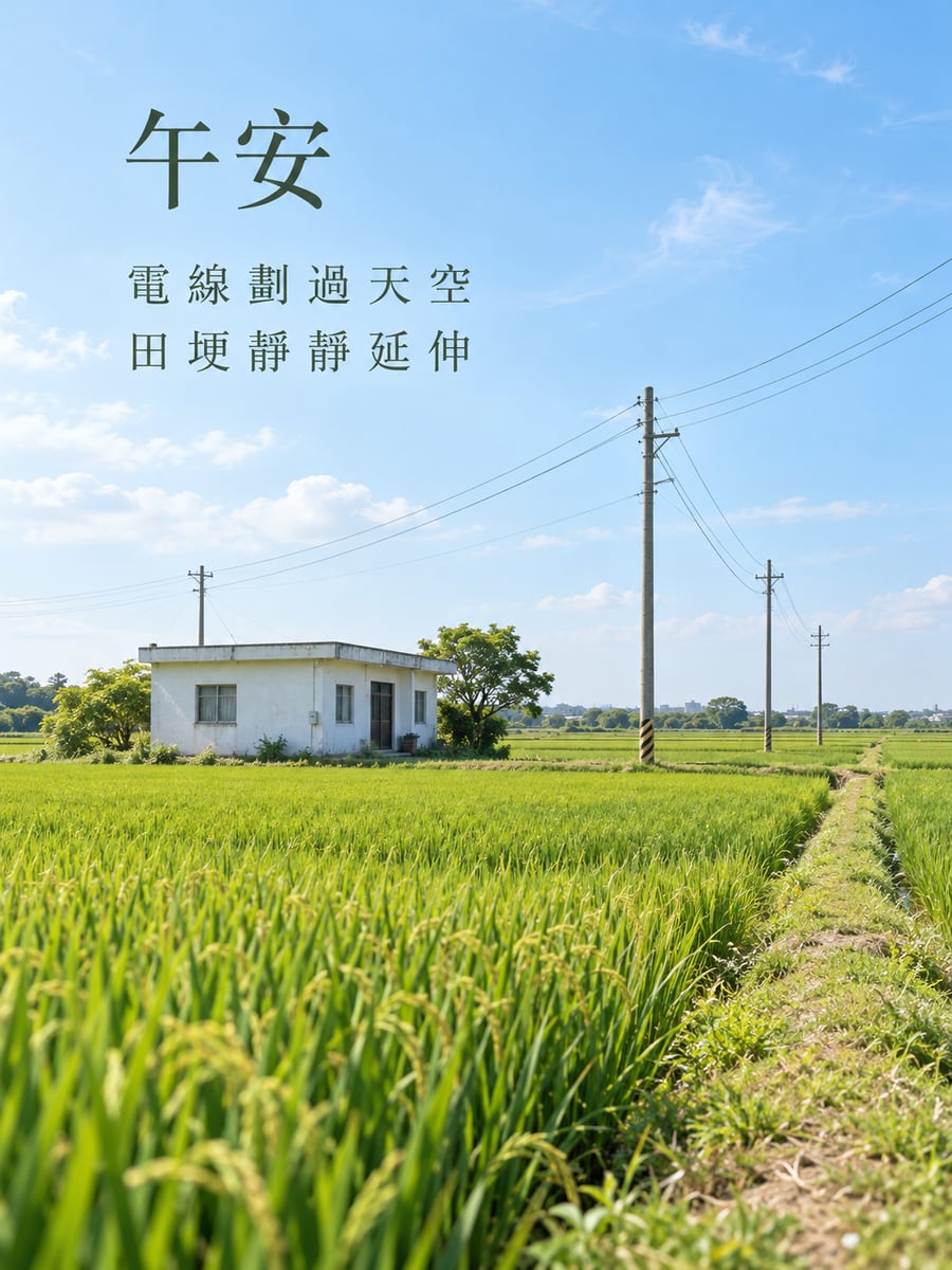 田間的小白屋。圖中文字：午安，電線劃過天空，田埂靜靜延伸