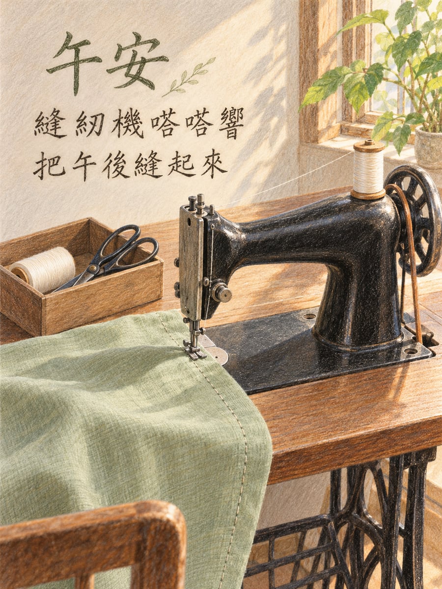 縫紉機嗒嗒響。圖中文字：午安，縫紉機嗒嗒響，把午後縫起來