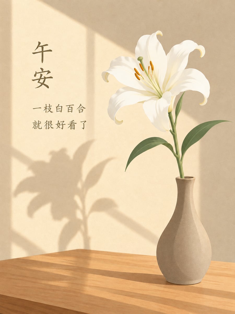 一枝百合。圖中文字：午安，一枝白百合，就很好看了