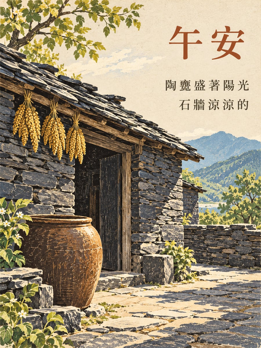 石板屋與陶甕。圖中文字：午安，陶甕盛著陽光，石牆涼涼的