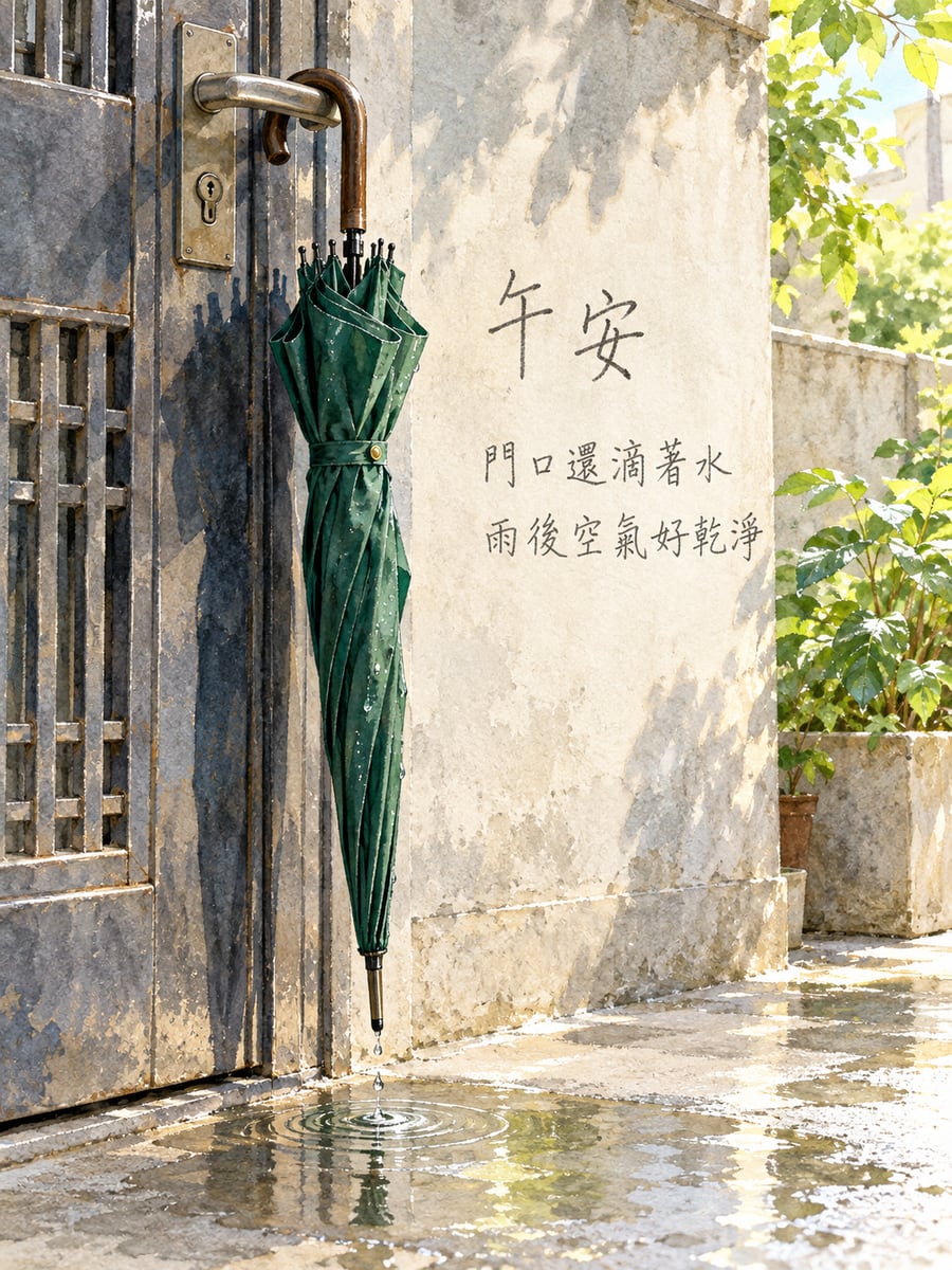 還在滴水的傘。圖中文字：午安，門口還滴著水，雨後空氣好乾淨