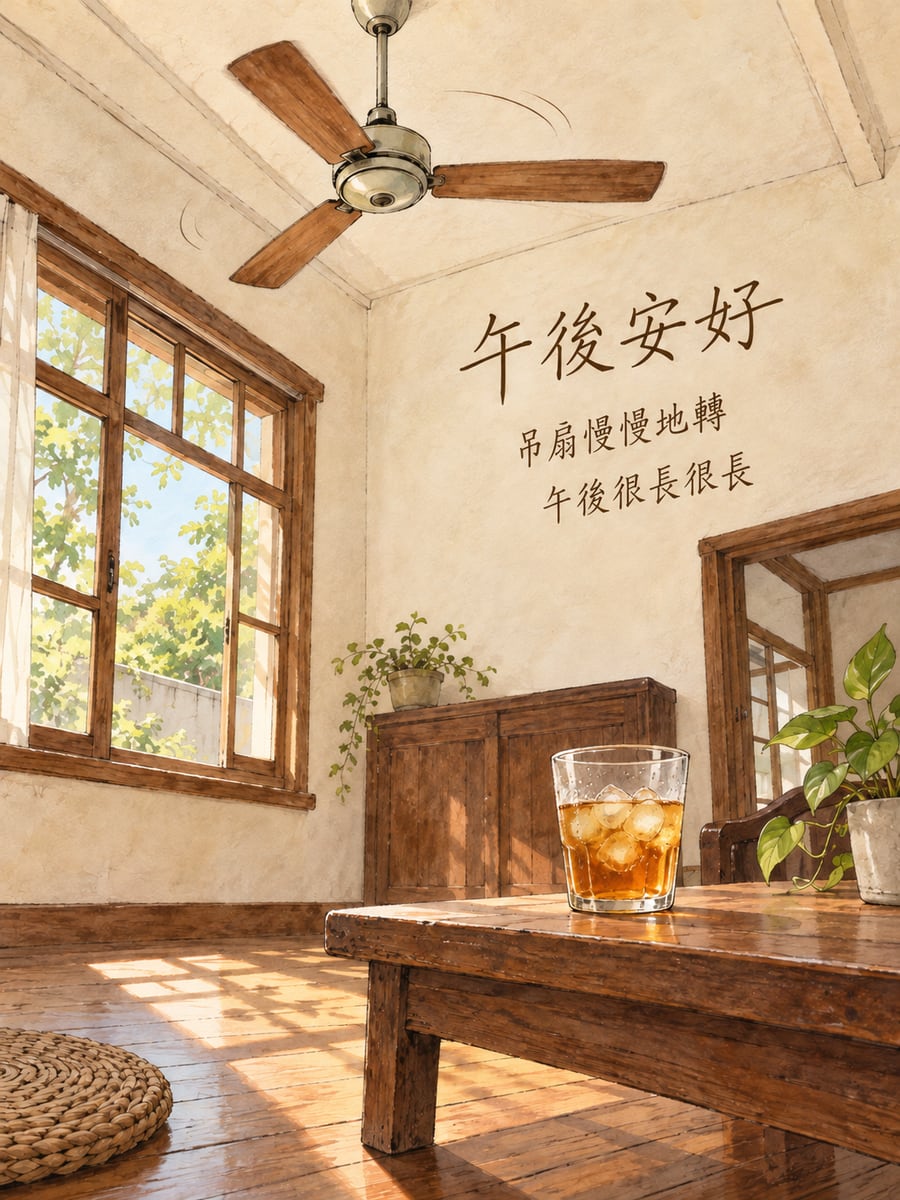 吊扇慢慢轉。圖中文字：午後安好，吊扇慢慢地轉，午後很長很長