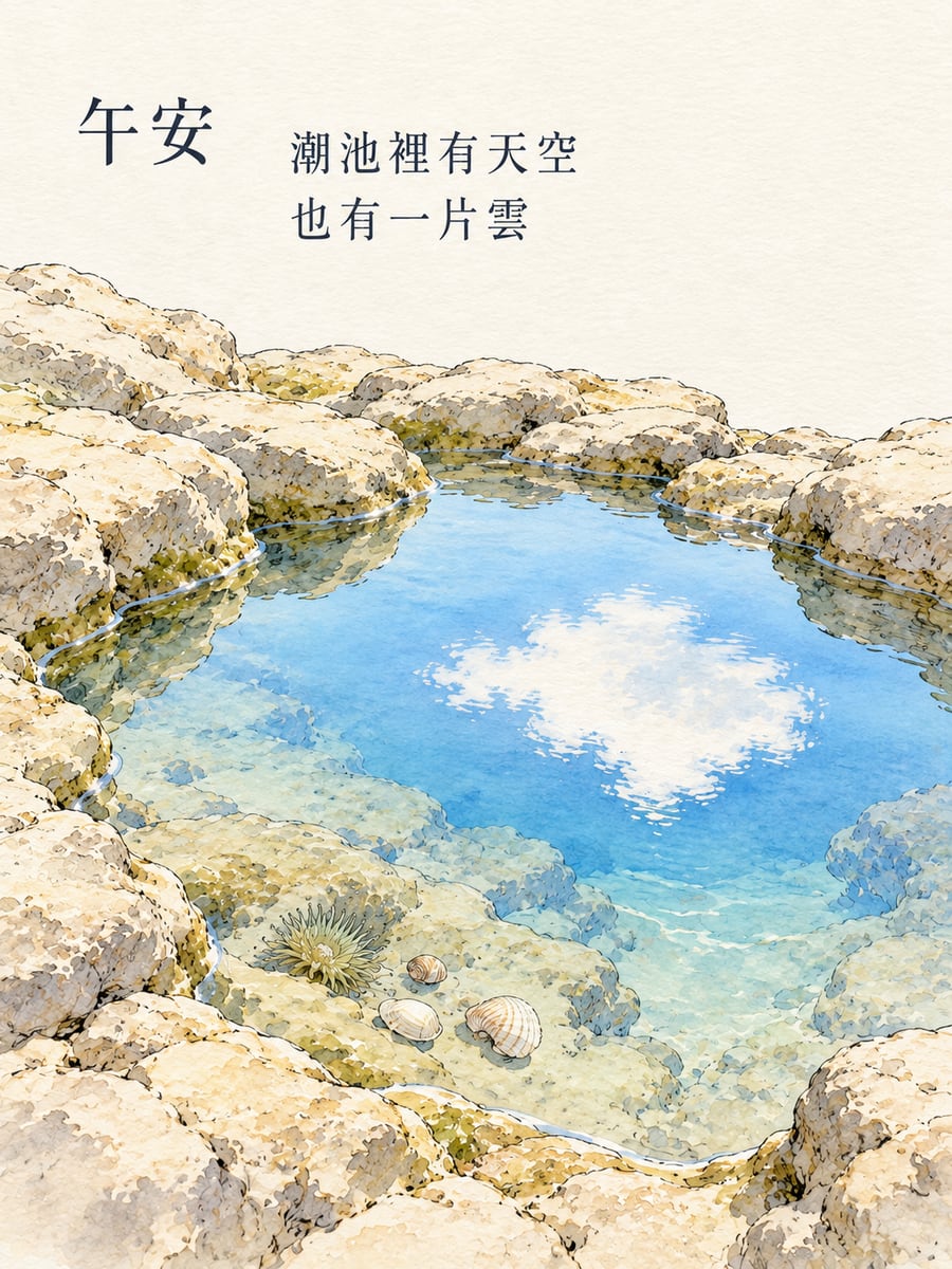潮池裡的天空。圖中文字：午安，潮池裡有天空，也有一片雲