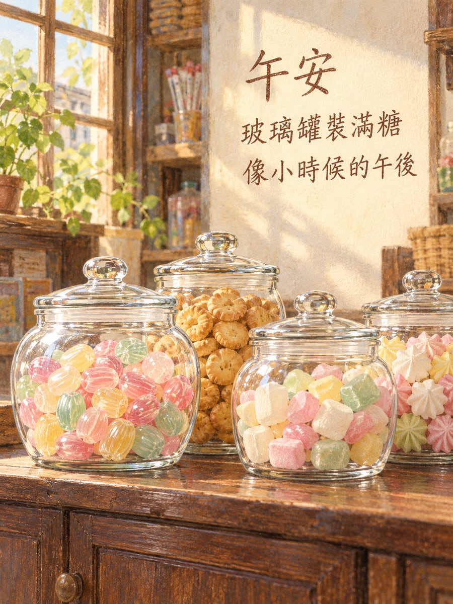 柑仔店的糖果罐。圖中文字：午安，玻璃罐裝滿糖，像小時候的午後