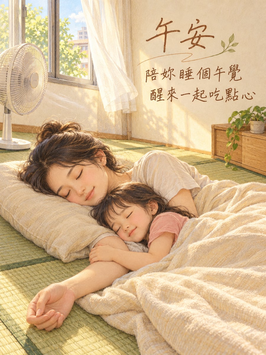 陪妳睡個午覺。圖中文字：午安，陪妳睡個午覺，醒來一起吃點心