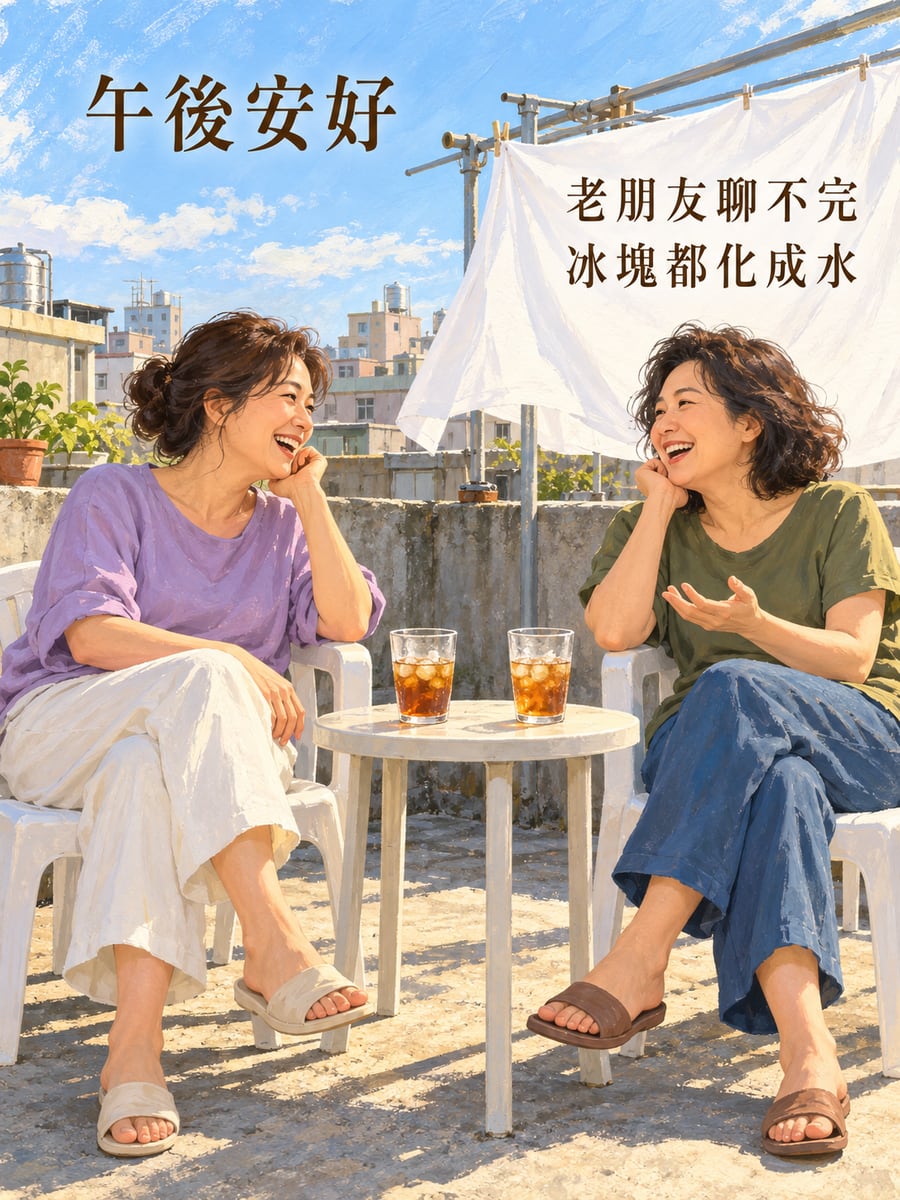 頂樓老朋友。圖中文字：午後安好，老朋友聊不完，冰塊都化成水
