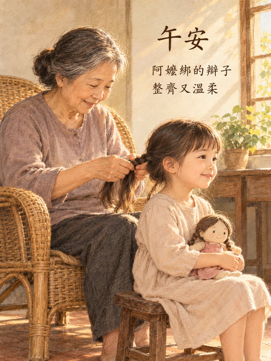 阿嬤綁辮子。圖中文字：午安，阿嬤綁的辮子，整齊又溫柔