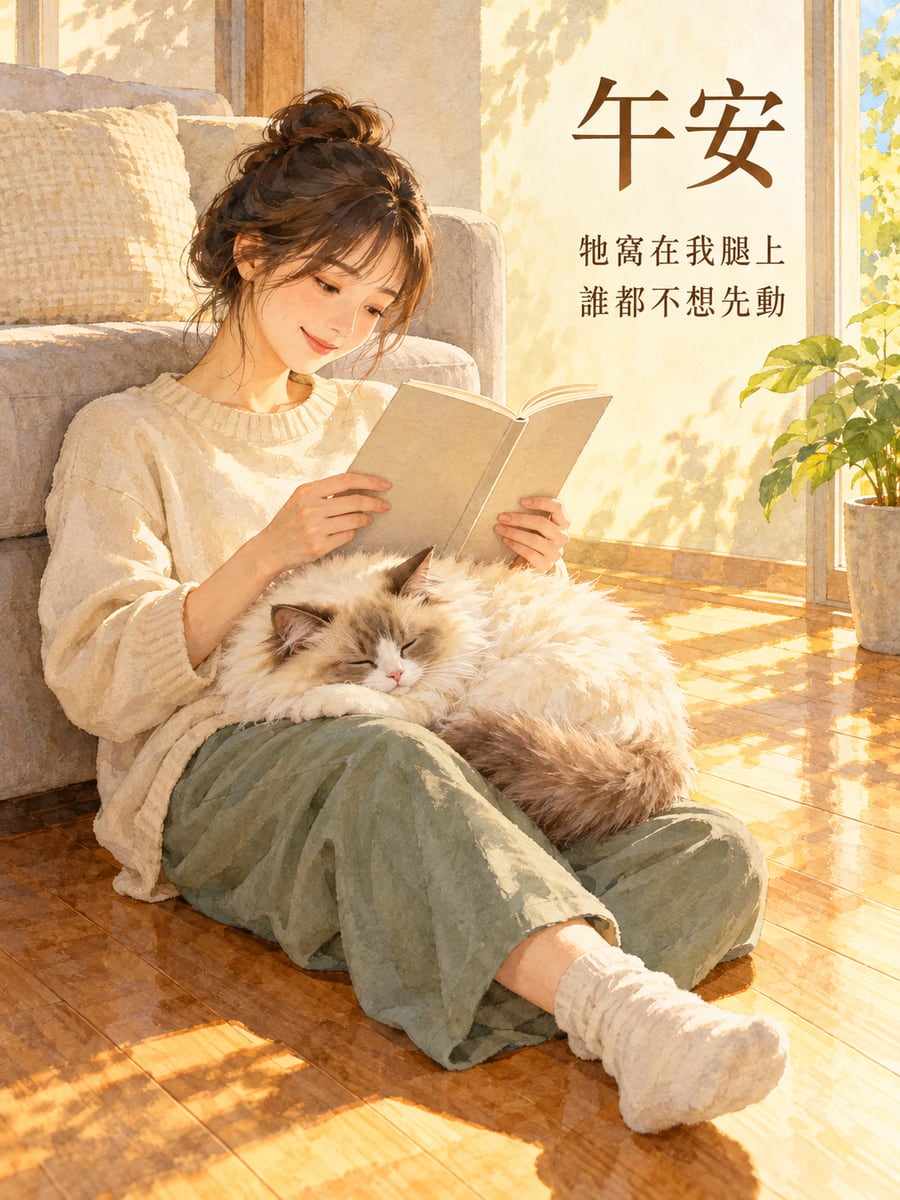 布偶貓窩在腿上。圖中文字：午安，牠窩在我腿上，誰都不想先動