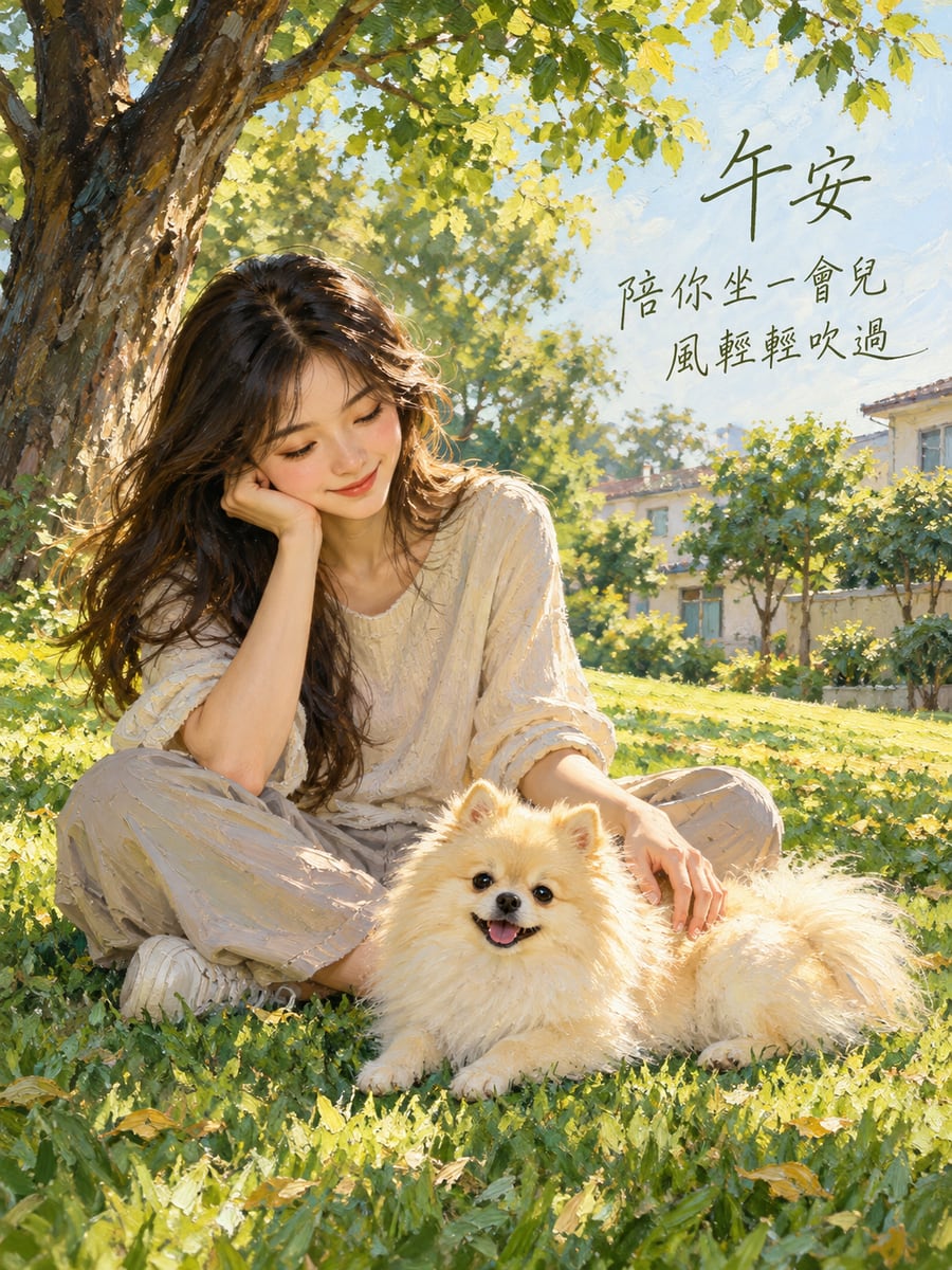 博美陪坐。圖中文字：午安，陪你坐一會兒，風輕輕吹過