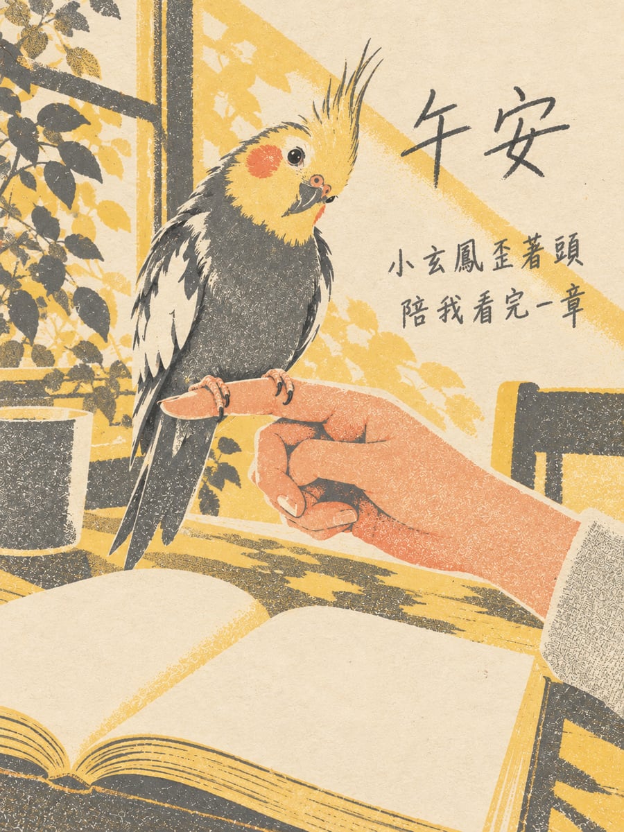 小玄鳳陪讀。圖中文字：午安，小玄鳳歪著頭，陪我看完一章