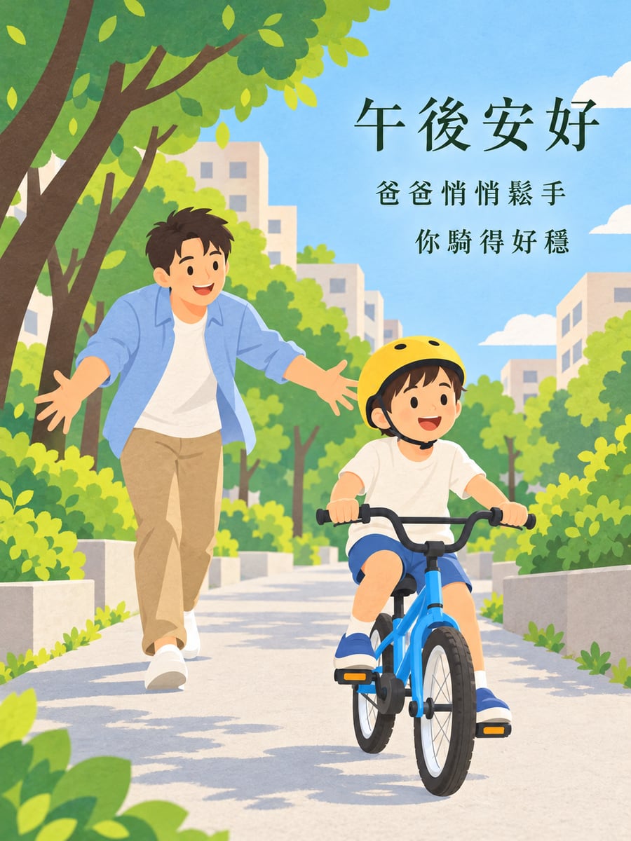 爸爸教騎車。圖中文字：午後安好，爸爸悄悄鬆手，你騎得好穩