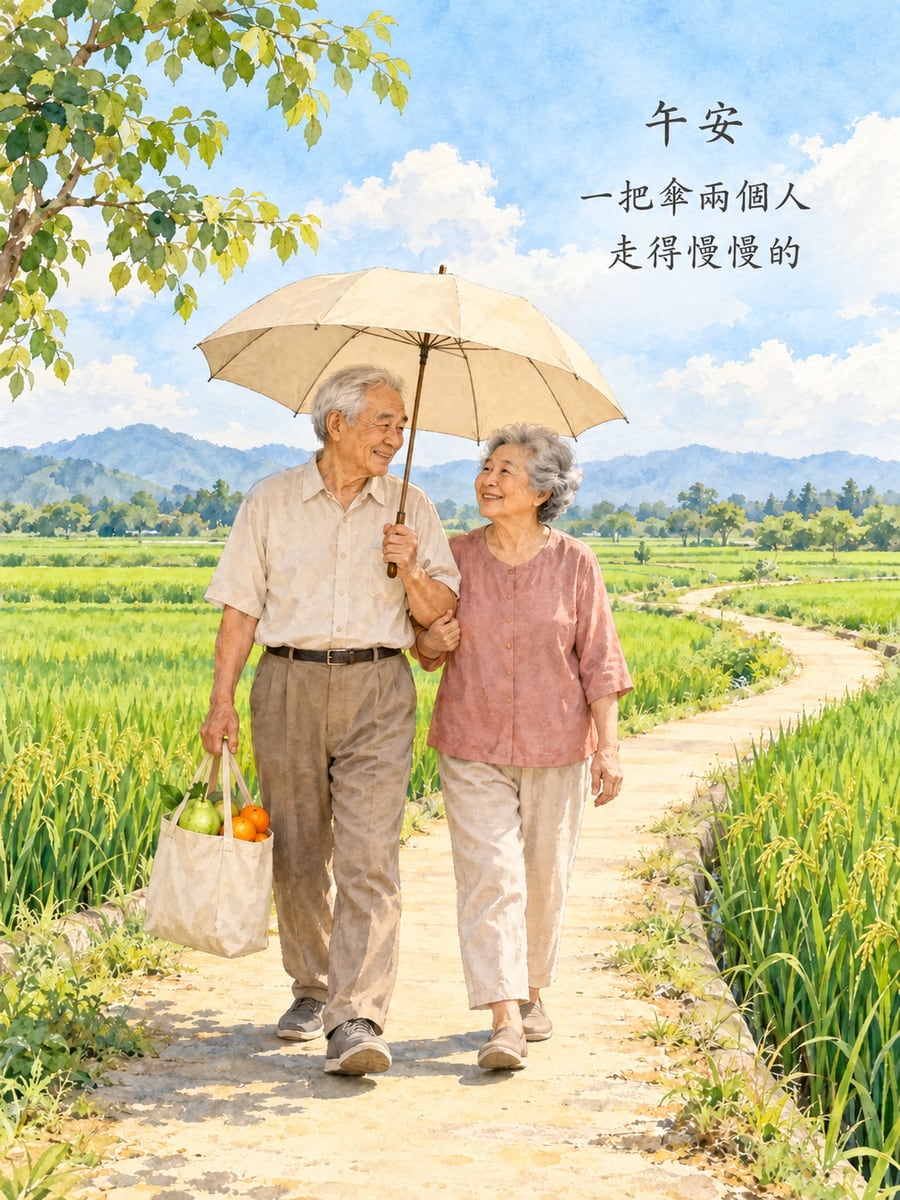 一把傘兩個人。圖中文字：午安，一把傘兩個人，走得慢慢的