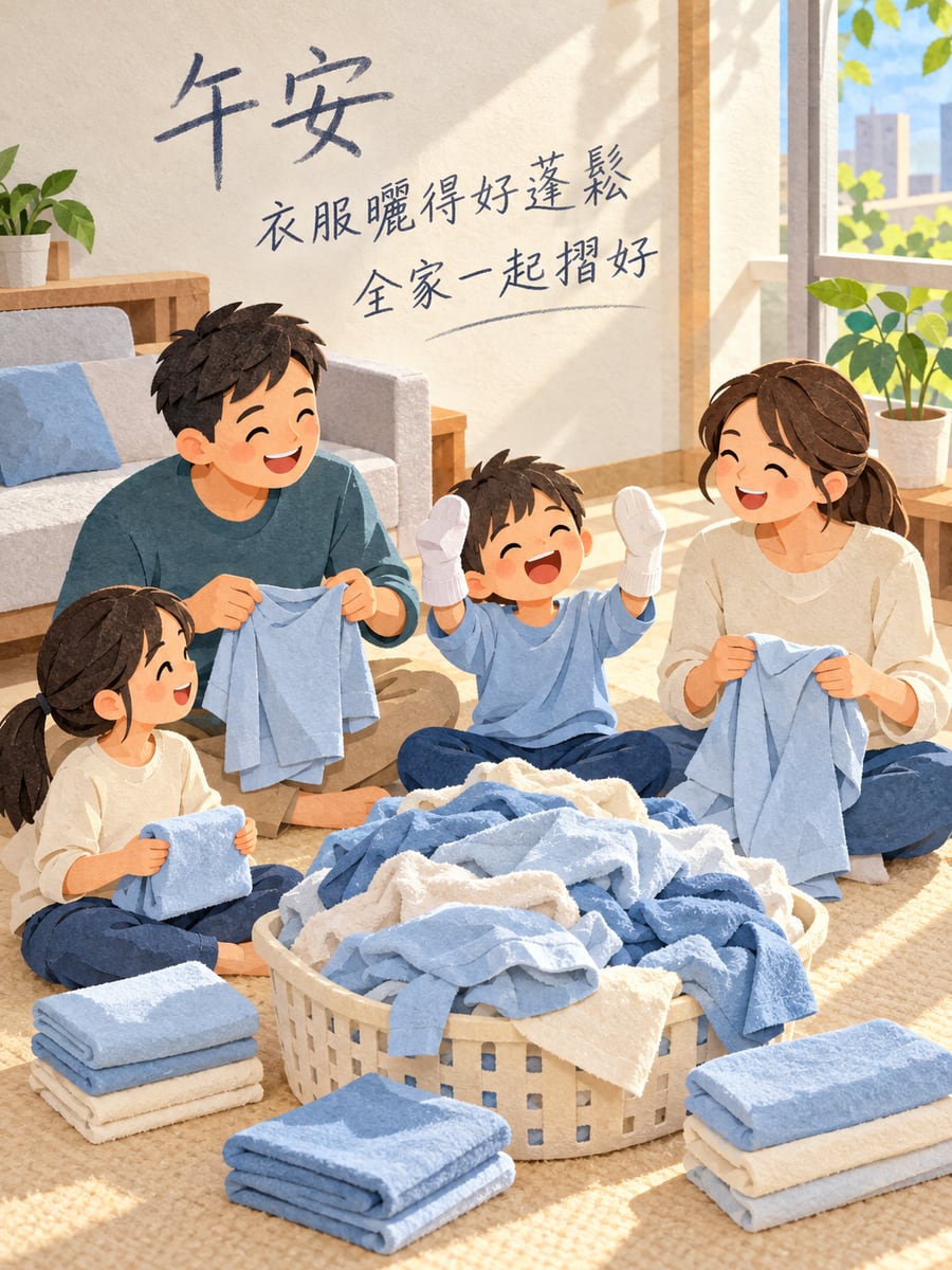 全家一起摺衣服。圖中文字：午安，衣服曬得好蓬鬆，全家一起摺好
