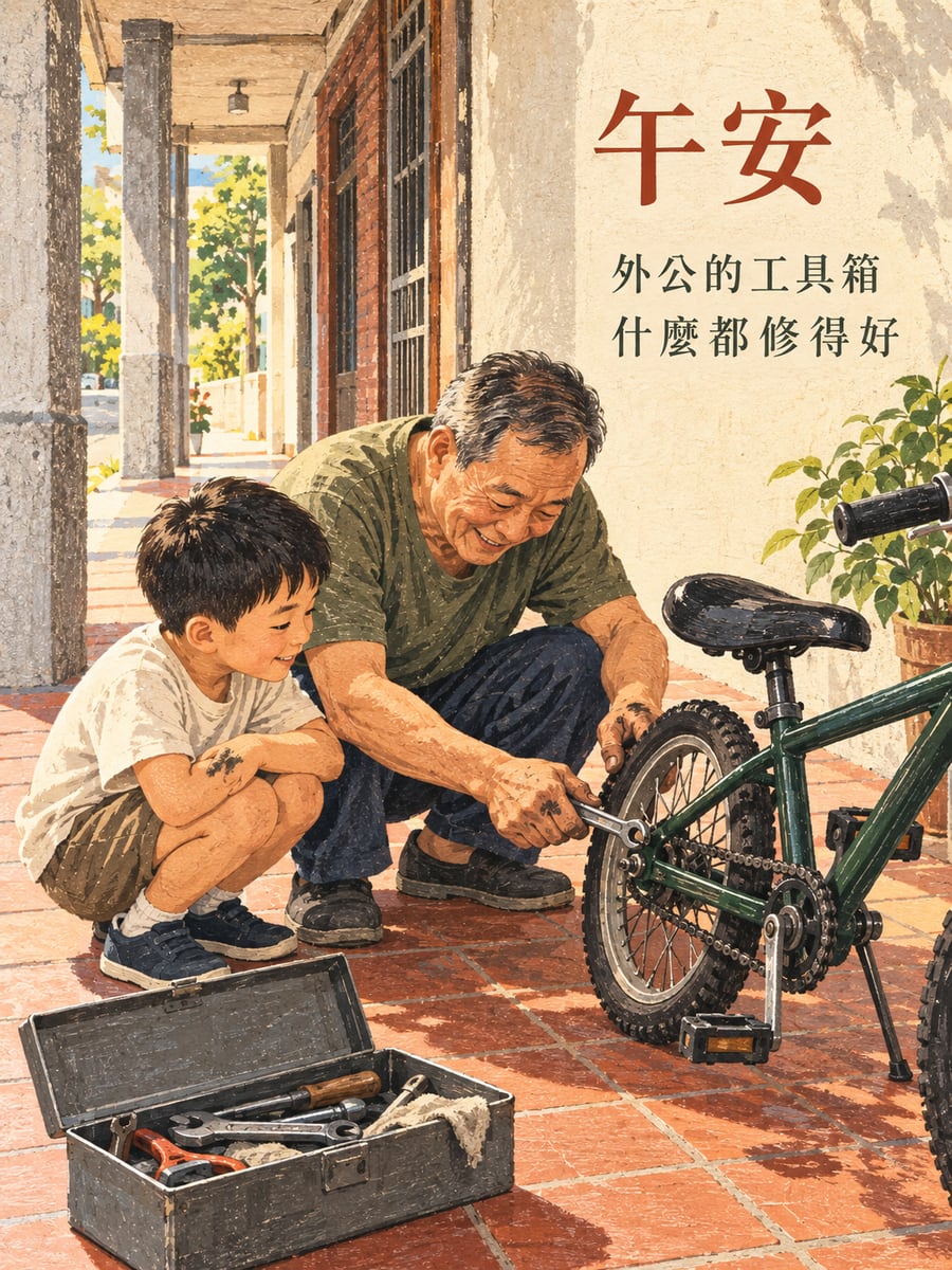 外公修腳踏車。圖中文字：午安，外公的工具箱，什麼都修得好