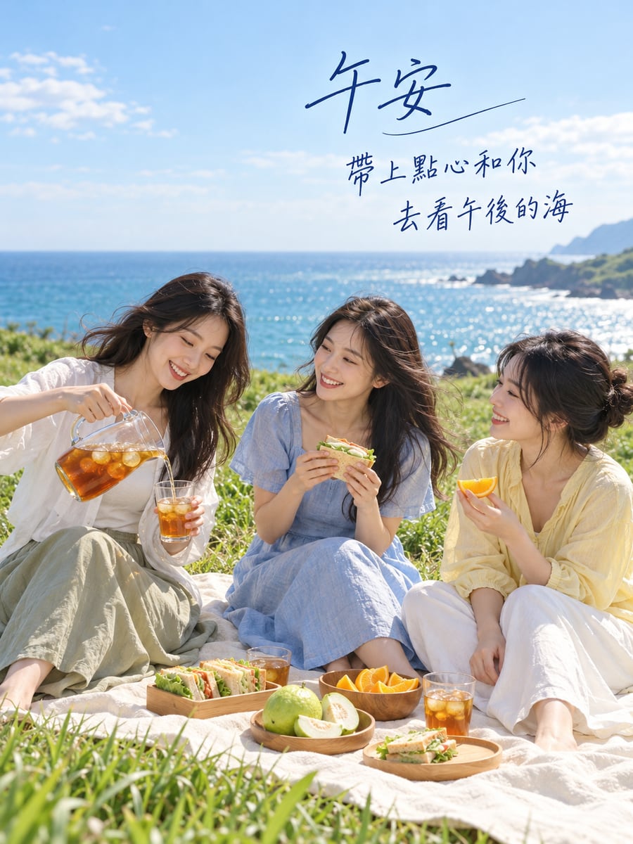 海岸野餐。圖中文字：午安，帶上點心和你，去看午後的海