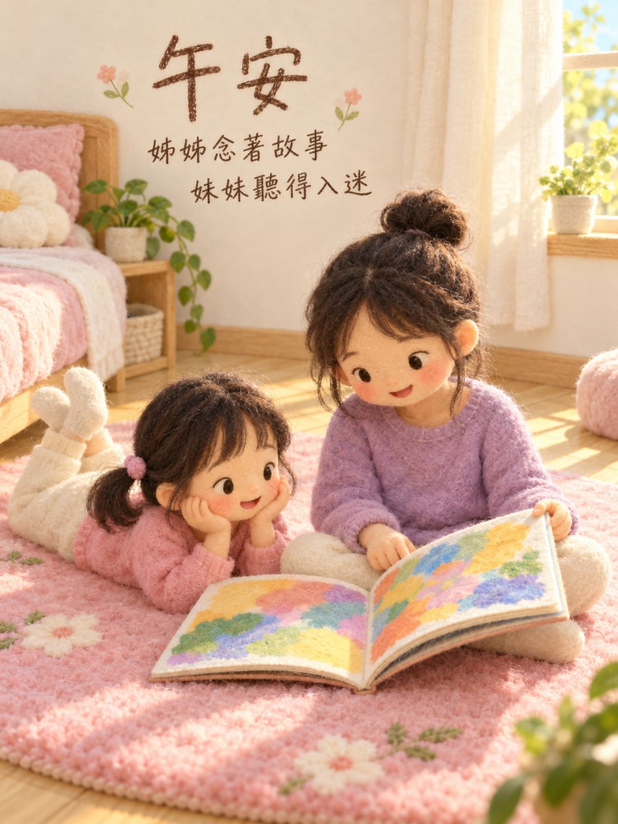 姊姊念故事。圖中文字：午安，姊姊念著故事，妹妹聽得入迷