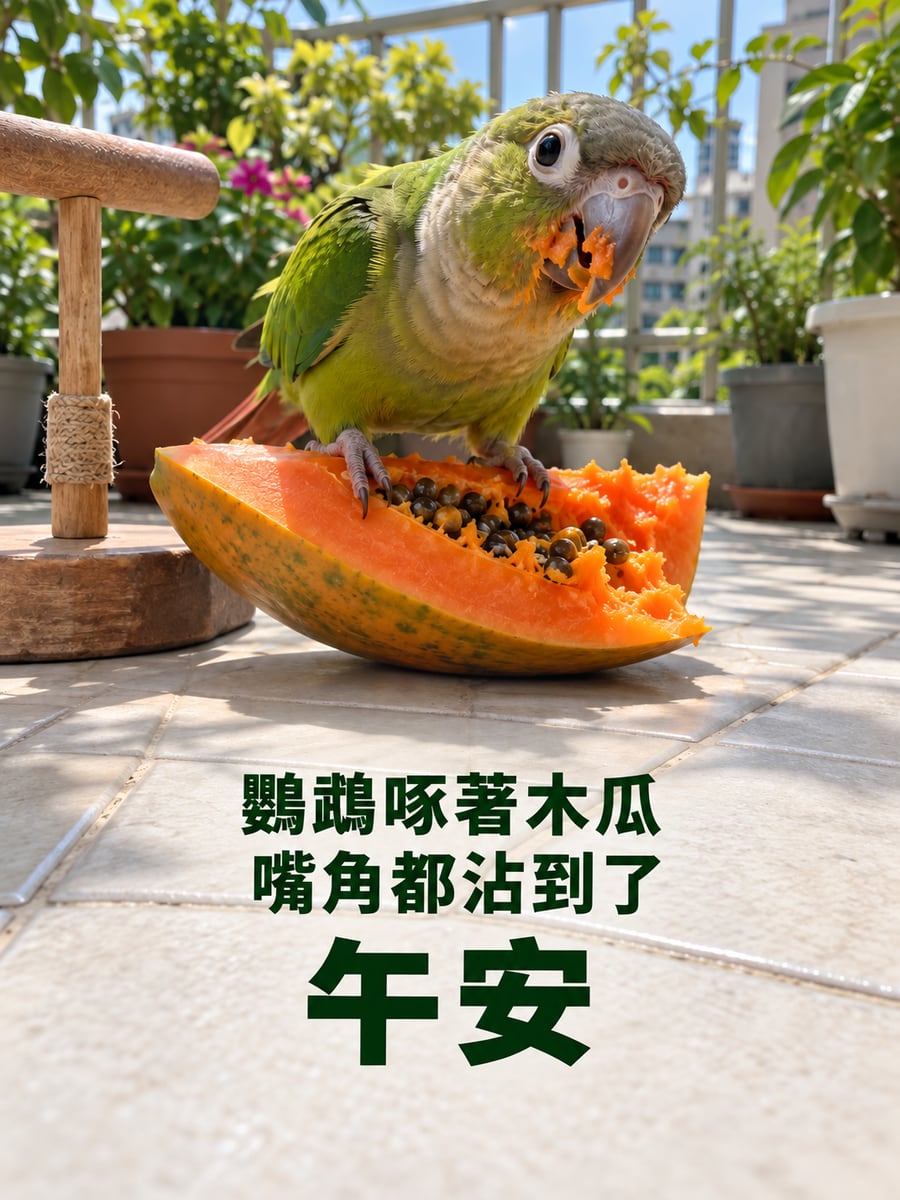 鸚鵡吃木瓜。圖中文字：午安，鸚鵡啄著木瓜，嘴角都沾到了