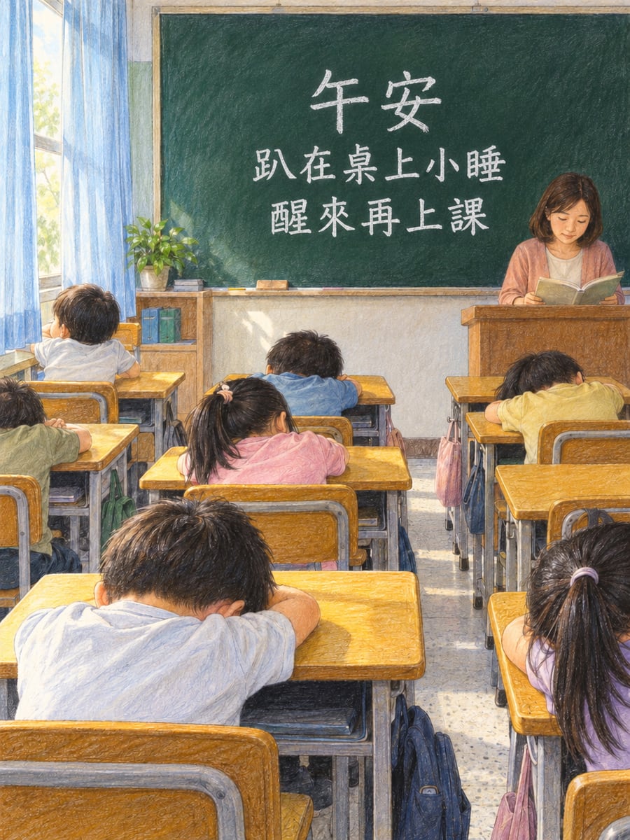 教室午休趴桌。圖中文字：午安，趴在桌上小睡，醒來再上課