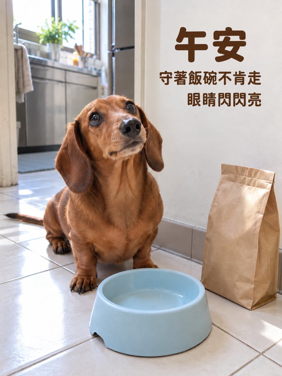 守著飯碗的狗狗。圖中文字：午安，守著飯碗不肯走，眼睛閃閃亮