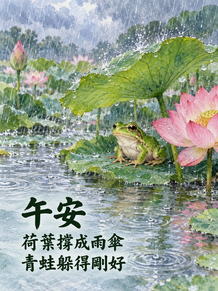 荷葉雨傘。圖中文字：午安，荷葉撐成雨傘，青蛙躲得剛好