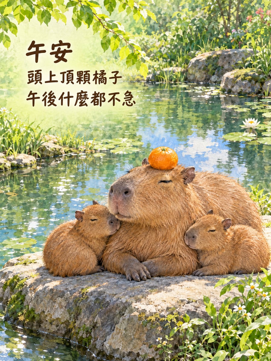 水豚頭頂橘子。圖中文字：午安，頭上頂顆橘子，午後什麼都不急