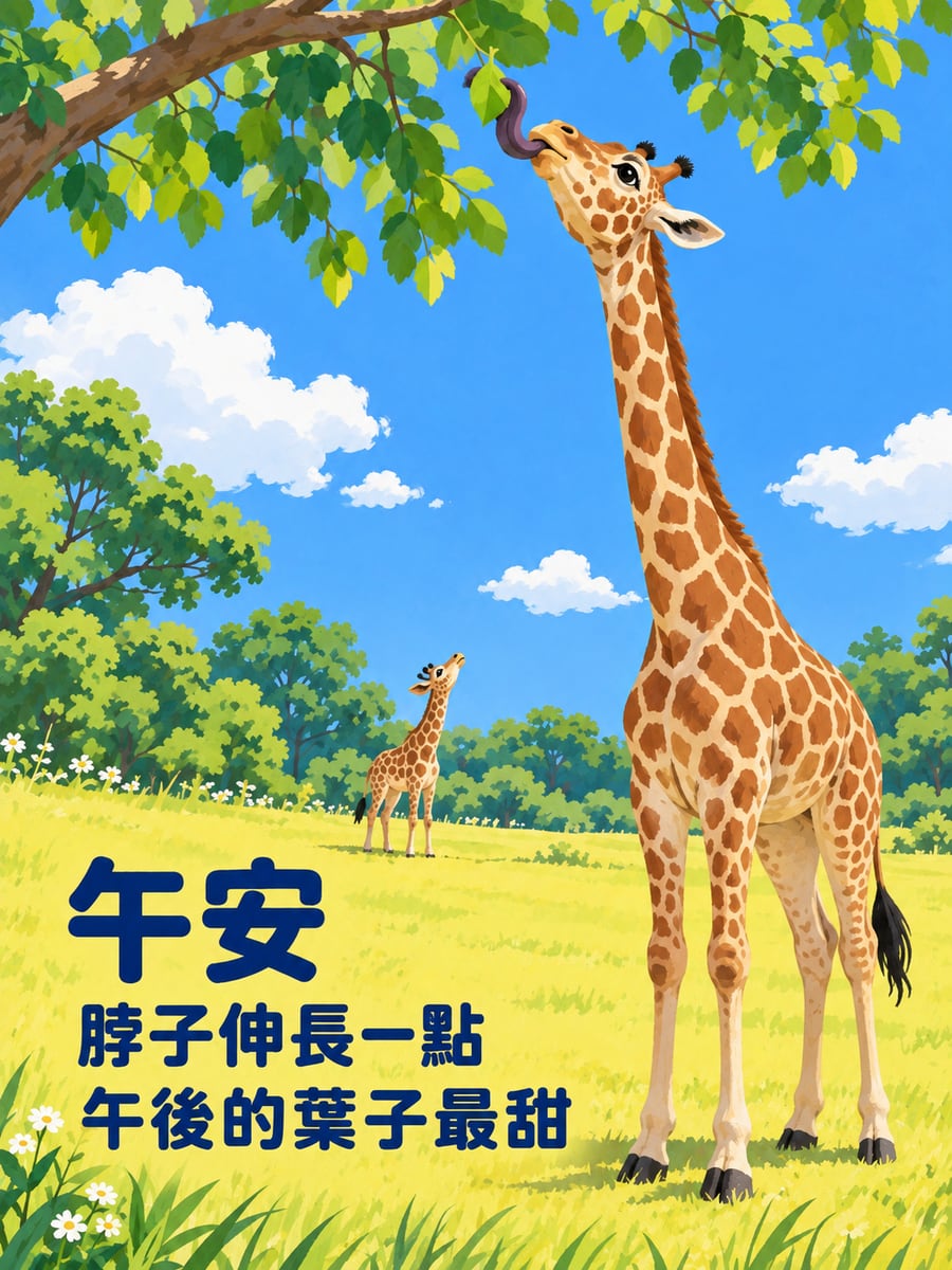 長頸鹿伸脖摘葉。圖中文字：午安，脖子伸長一點，午後的葉子最甜