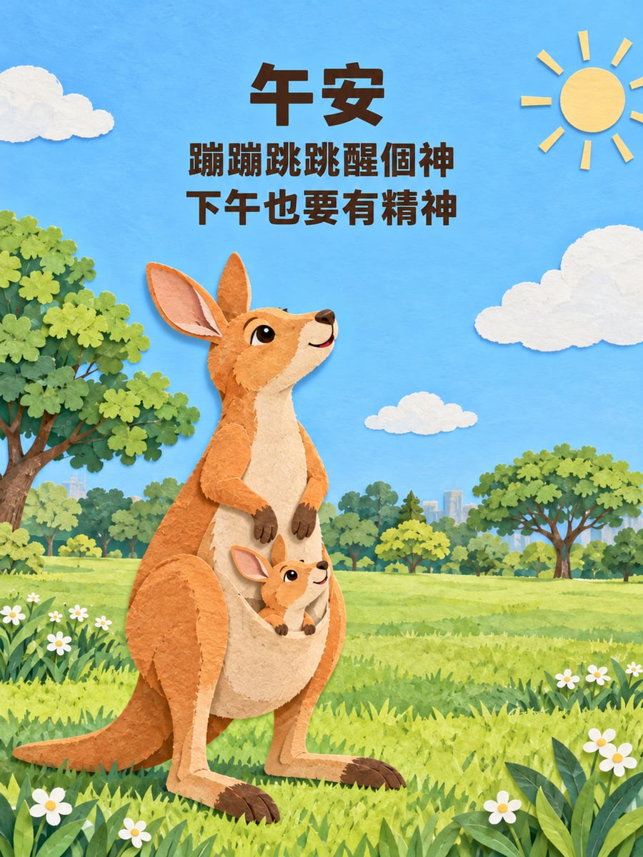 袋鼠媽媽與寶寶。圖中文字：午安，蹦蹦跳跳醒個神，下午也要有精神