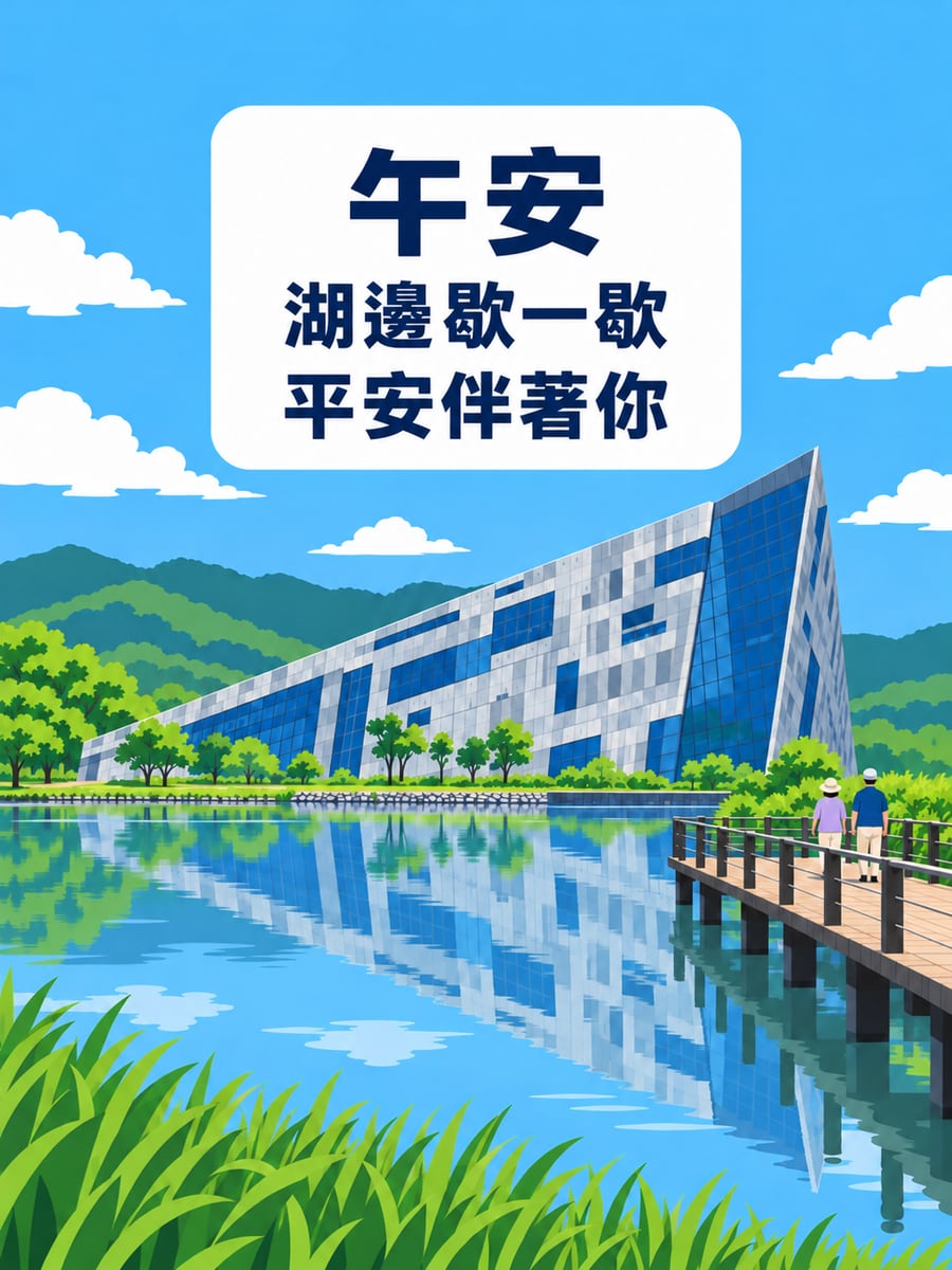 蘭陽博物館湖邊午後。圖中文字：午安，湖邊歇一歇，平安伴著你
