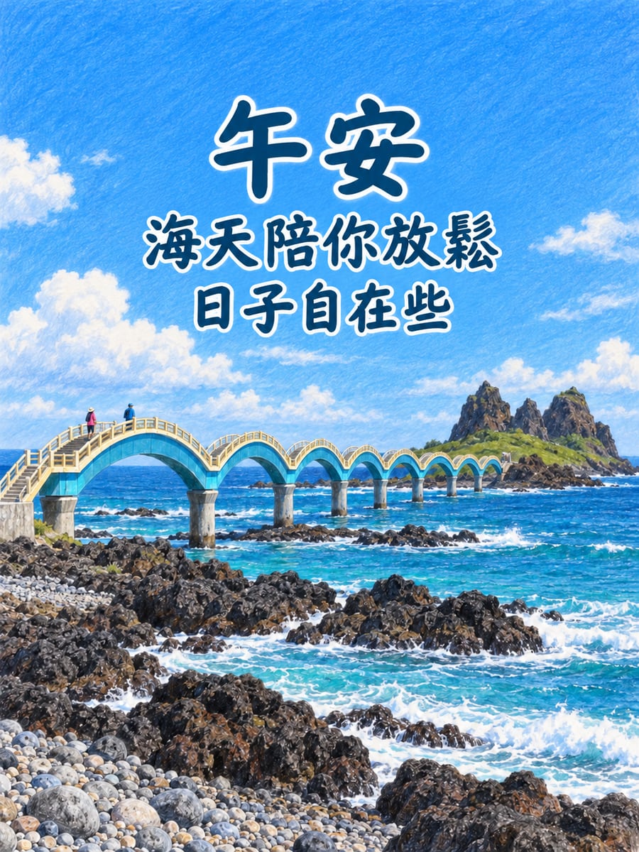三仙台八拱橋午後海天。圖中文字：午安，海天陪你放鬆，日子自在些