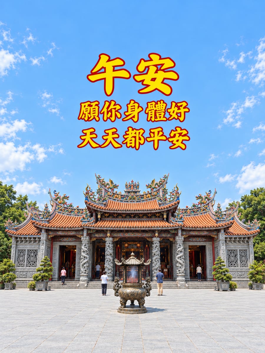 三峽祖師廟午後平安。圖中文字：午安，願你身體好，天天都平安