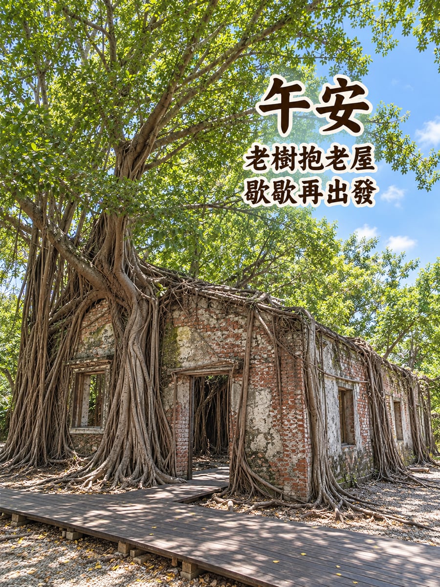 安平樹屋午後。圖中文字：午安，老樹抱老屋，歇歇再出發
