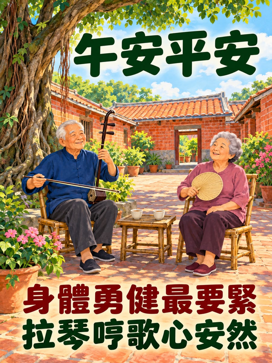 三合院拉胡琴。圖中文字：午安平安，身體勇健最要緊，拉琴哼歌心安然