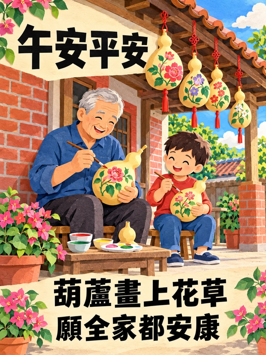 祖孫彩繪葫蘆。圖中文字：午安平安，葫蘆畫上花草，願全家都安康