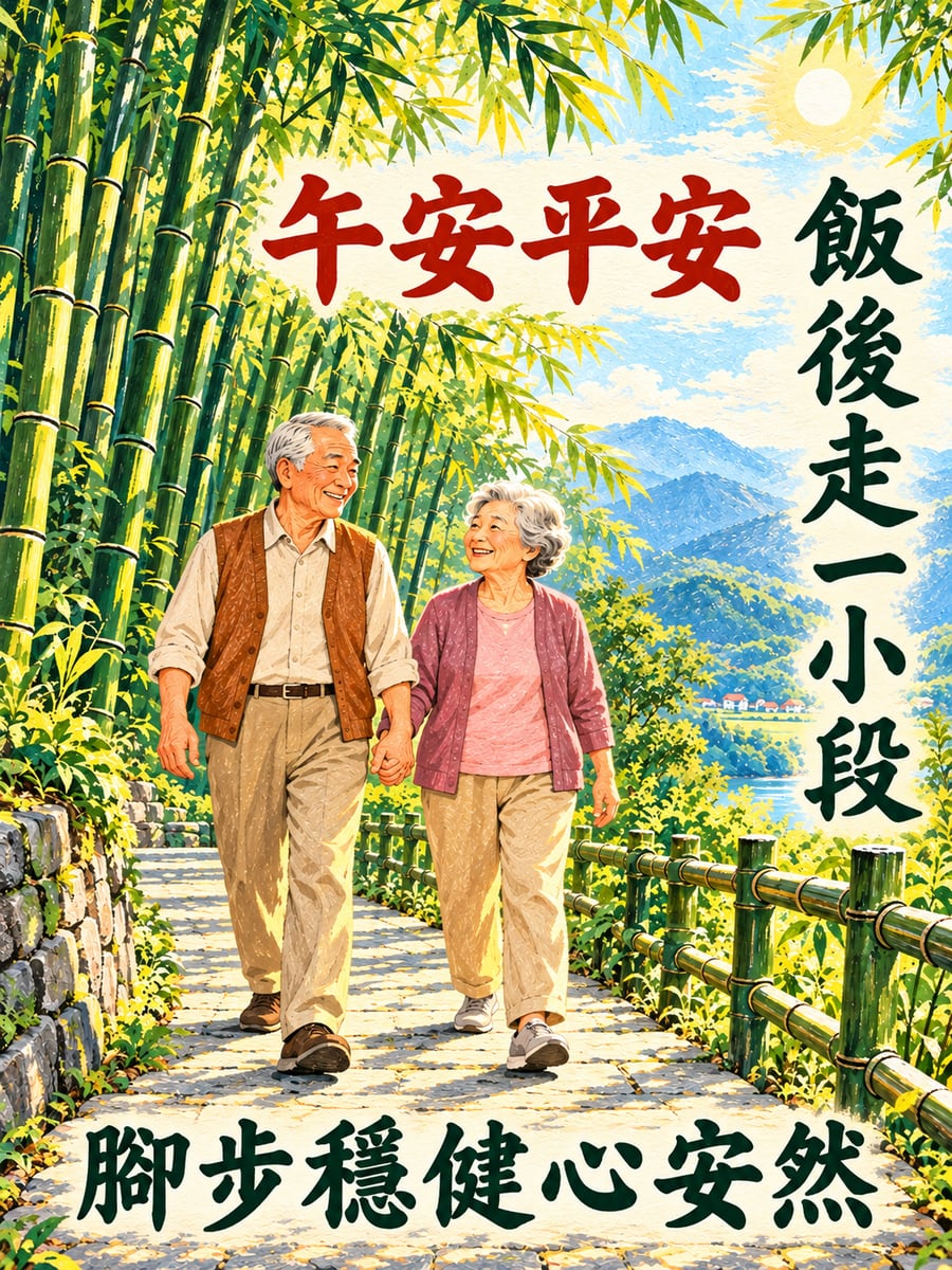 飯後竹林散步。圖中文字：午安平安，飯後走一小段，腳步穩健心安然