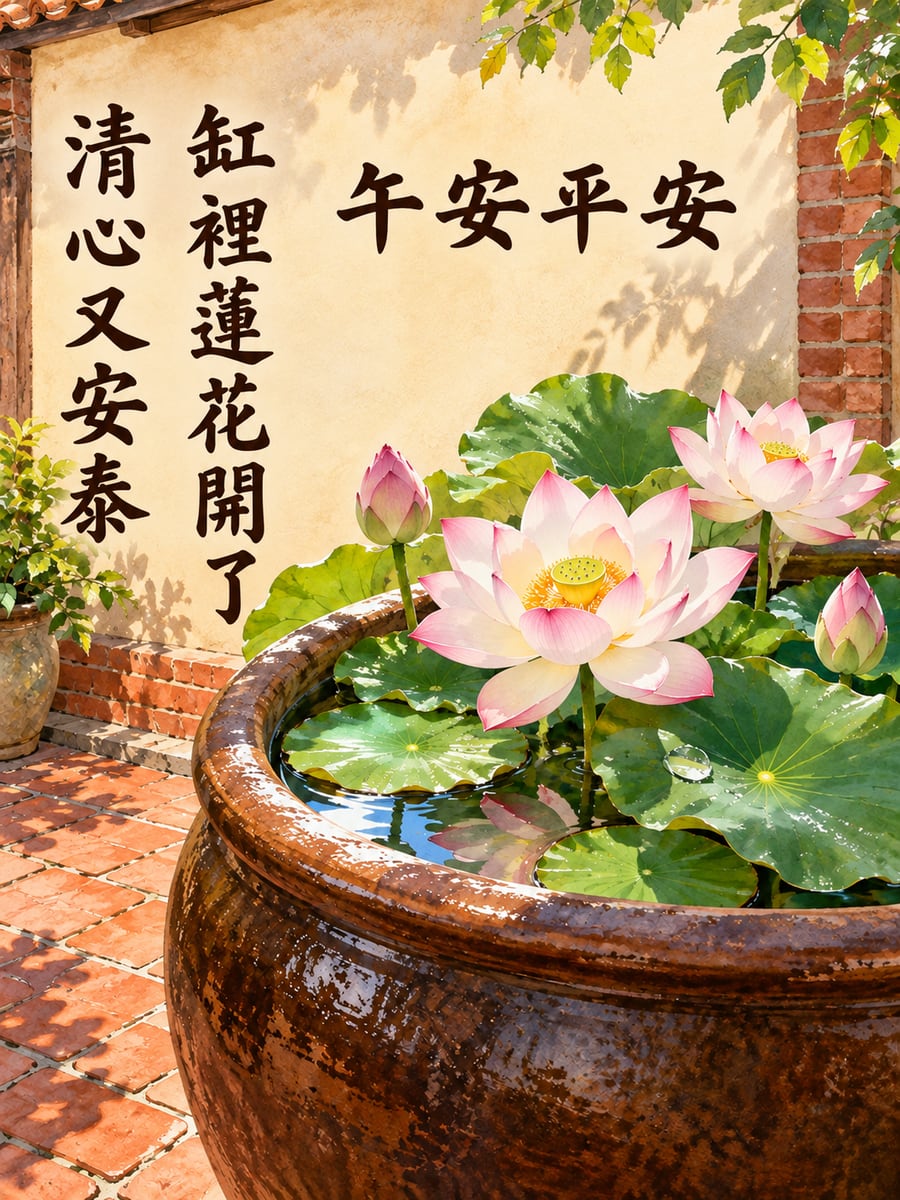 水缸裡的蓮花。圖中文字：午安平安，缸裡蓮花開了，清心又安泰