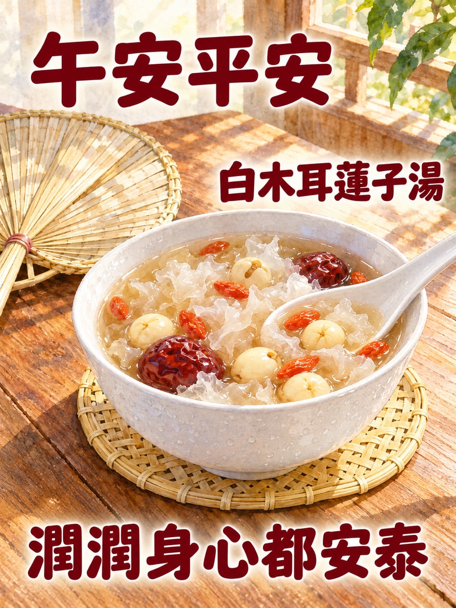 白木耳蓮子湯。圖中文字：午安平安，白木耳蓮子湯，潤潤身心都安泰