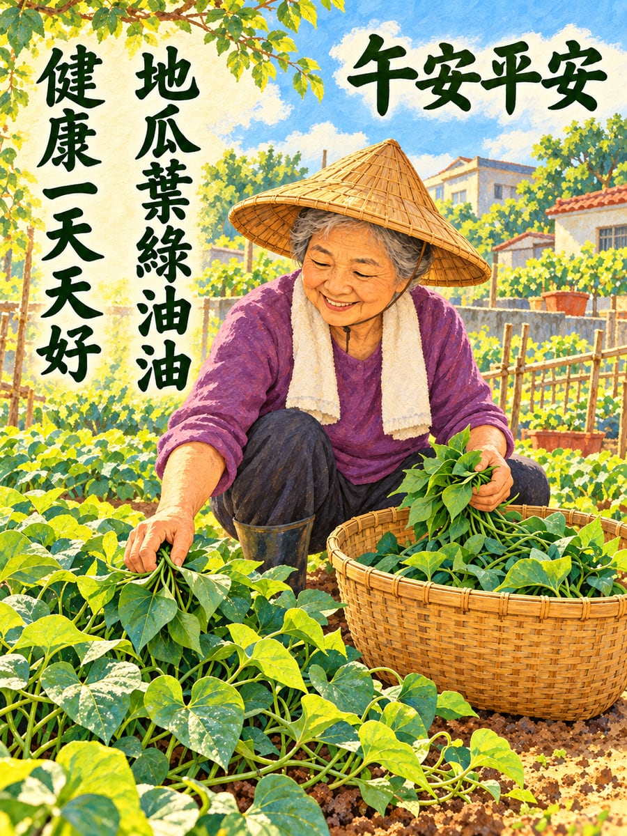 阿嬤摘地瓜葉。圖中文字：午安平安，地瓜葉綠油油，健康一天天好
