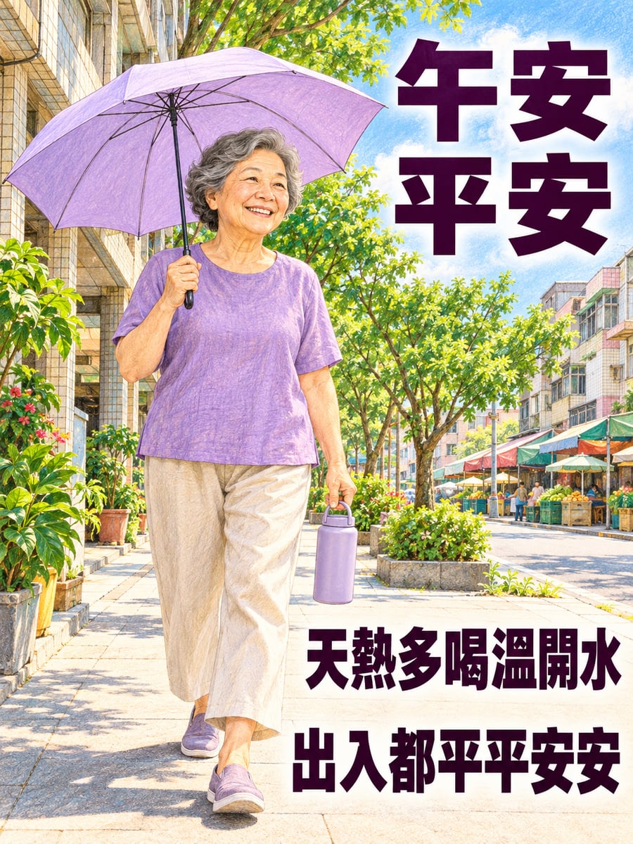 阿嬤撐陽傘出門。圖中文字：午安平安，天熱多喝溫開水，出入都平平安安