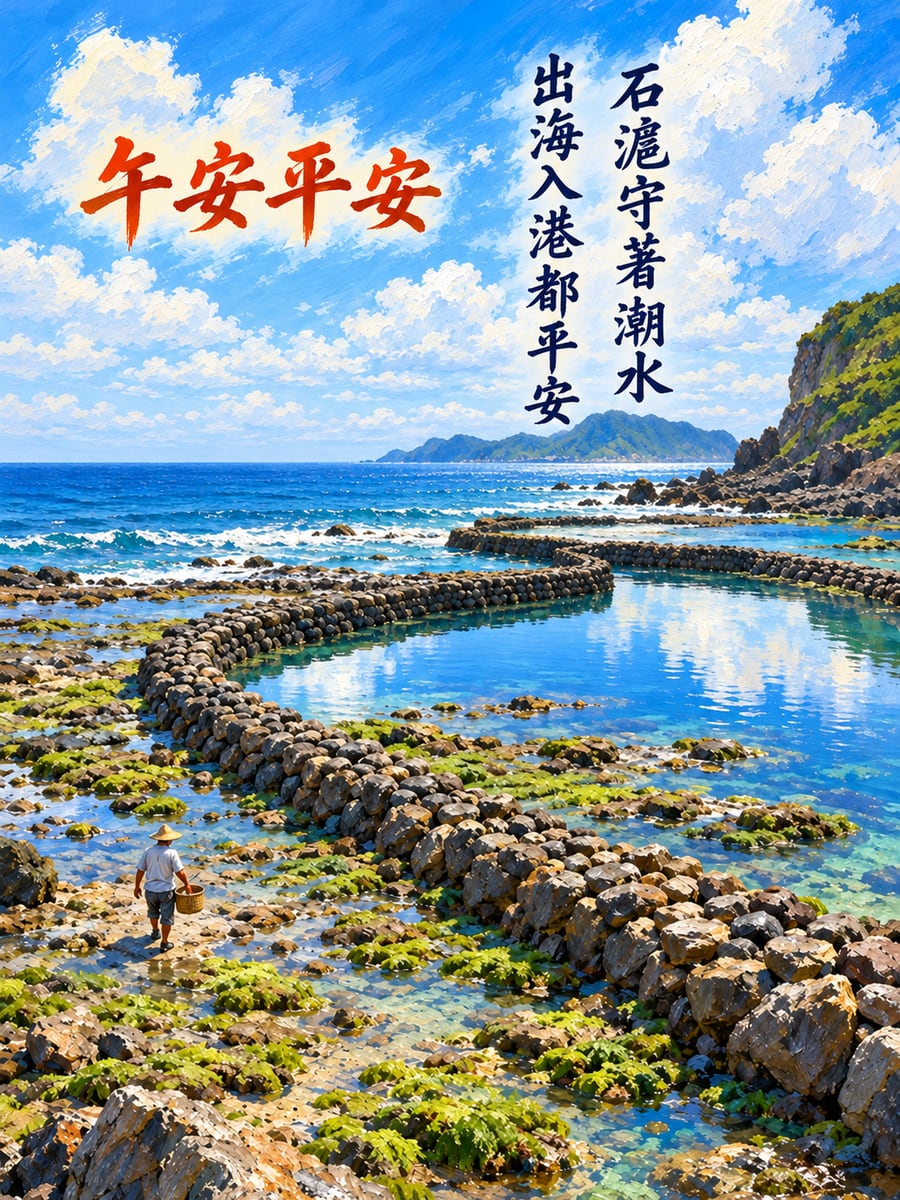 退潮的石滬。圖中文字：午安平安，石滬守著潮水，出海入港都平安