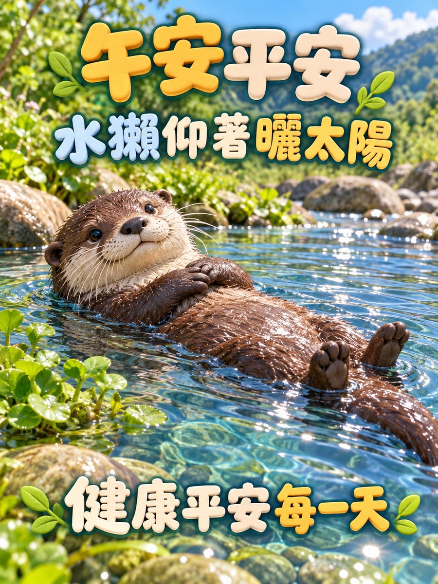 水獺仰躺曬太陽。圖中文字：午安平安，水獺仰著曬太陽，健康平安每一天
