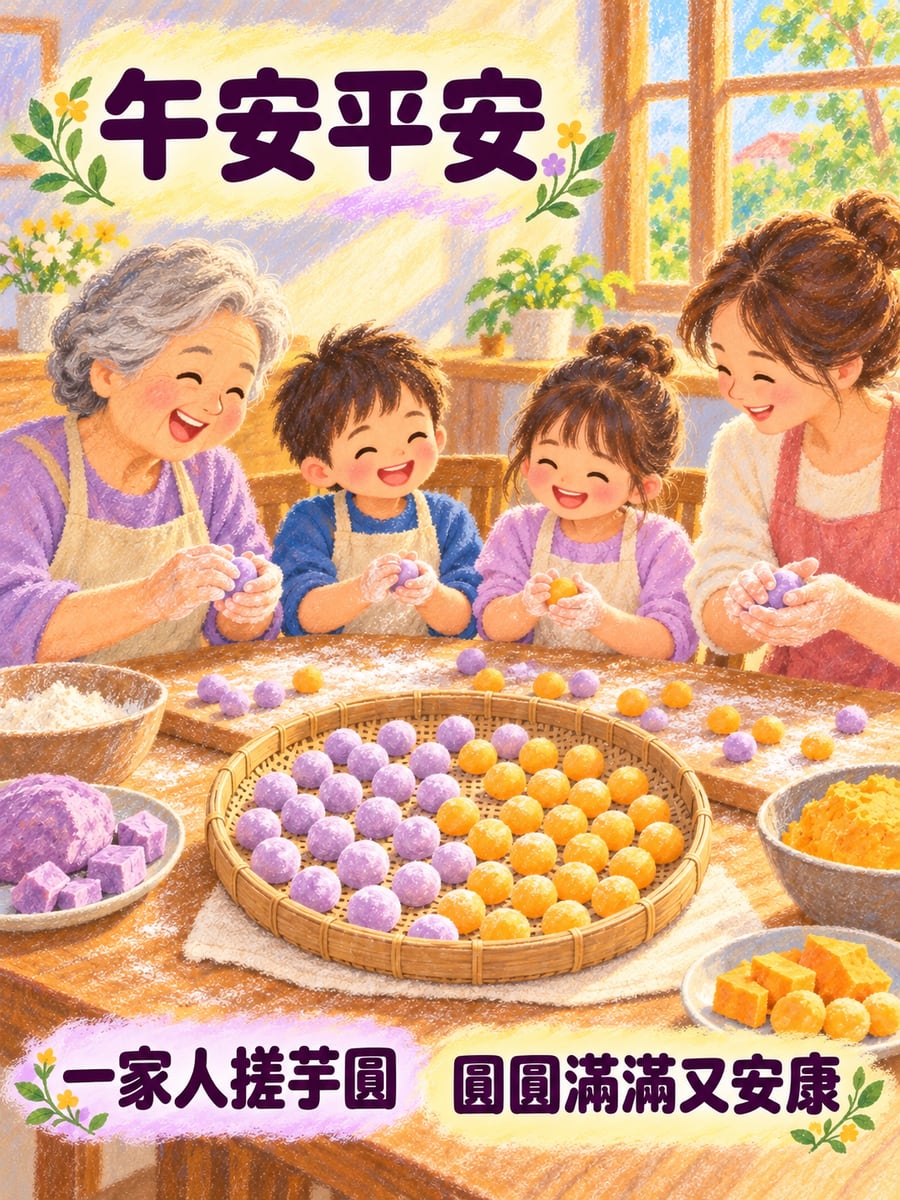 全家搓芋圓。圖中文字：午安平安，一家人搓芋圓，圓圓滿滿又安康